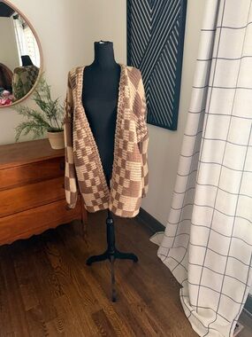 BiBi Brown Patchwork Open-Front Knit Cardigan medium